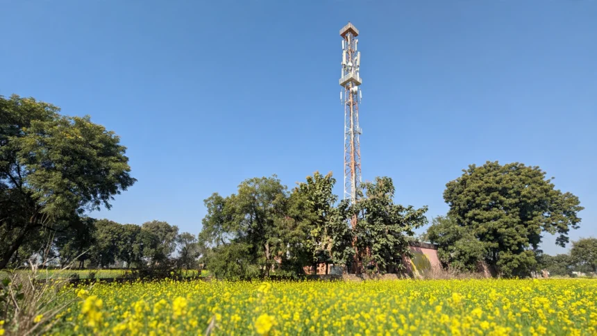 A telecom tower rising above trees and a mustard field in rural India