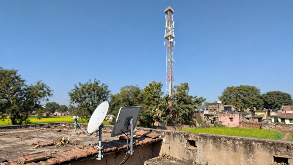 A fixed-wireless receiver dish on a rural rooftop with a telecom tower in the background