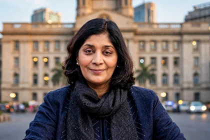 RBI Deputy Governor Poonam Gupta, with the RBI building in Mumbai behind her. Photo: Government of India via Wikimedia Commons, background composite.