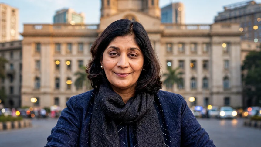RBI Deputy Governor Poonam Gupta, with the RBI building in Mumbai behind her. Photo: Government of India via Wikimedia Commons, background composite.