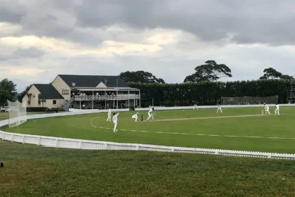 Bert Sutcliffe Oval, Lincoln, venue of the India A vs New Zealand A 1st unofficial Test (ground reference photo: Mike Dickison / Wikimedia Commons, CC BY-SA 4.0; AI composite)