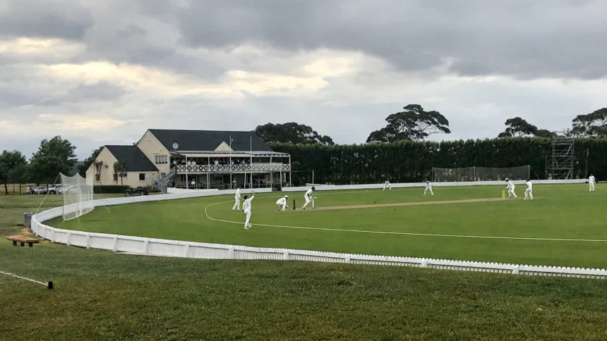 Bert Sutcliffe Oval, Lincoln, venue of the India A vs New Zealand A 1st unofficial Test (ground reference photo: Mike Dickison / Wikimedia Commons, CC BY-SA 4.0; AI composite)