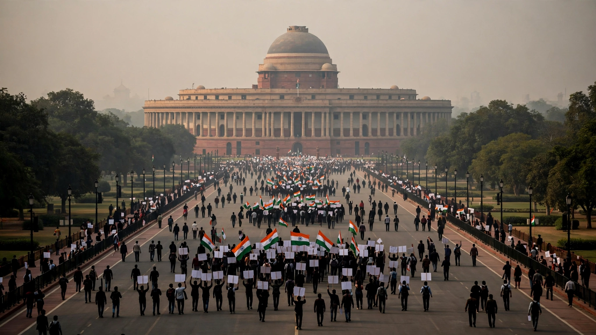 Illustration of INDIA bloc supporters at a protest march against alleged electoral irregularities