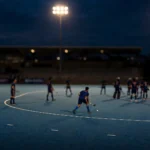 Field hockey players on a blue turf under floodlights during an evening match, illustrative image.