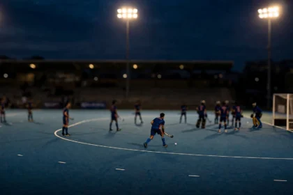 Field hockey players on a blue turf under floodlights during an evening match, illustrative image.