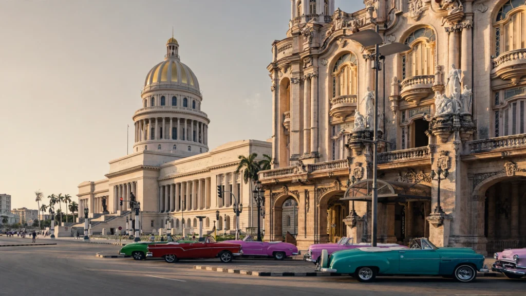 Havana National Capitol with classic cars. Image generated from a real reference photo (Fraganda / Wikimedia Commons, CC BY-SA 4.0).