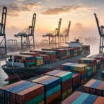 Container cargo ship at an Indian port at dawn, symbolising India-Europe trade