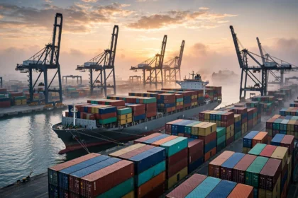 Container cargo ship at an Indian port at dawn, symbolising India-Europe trade