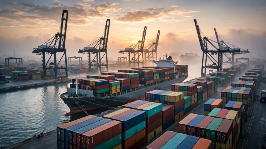 Container cargo ship at an Indian port at dawn, symbolising India-Europe trade