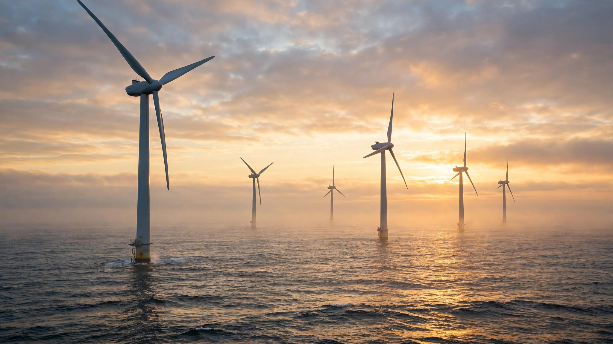 Offshore wind turbines in the sea at sunrise, a sector where Norwegian firms have deep expertise
