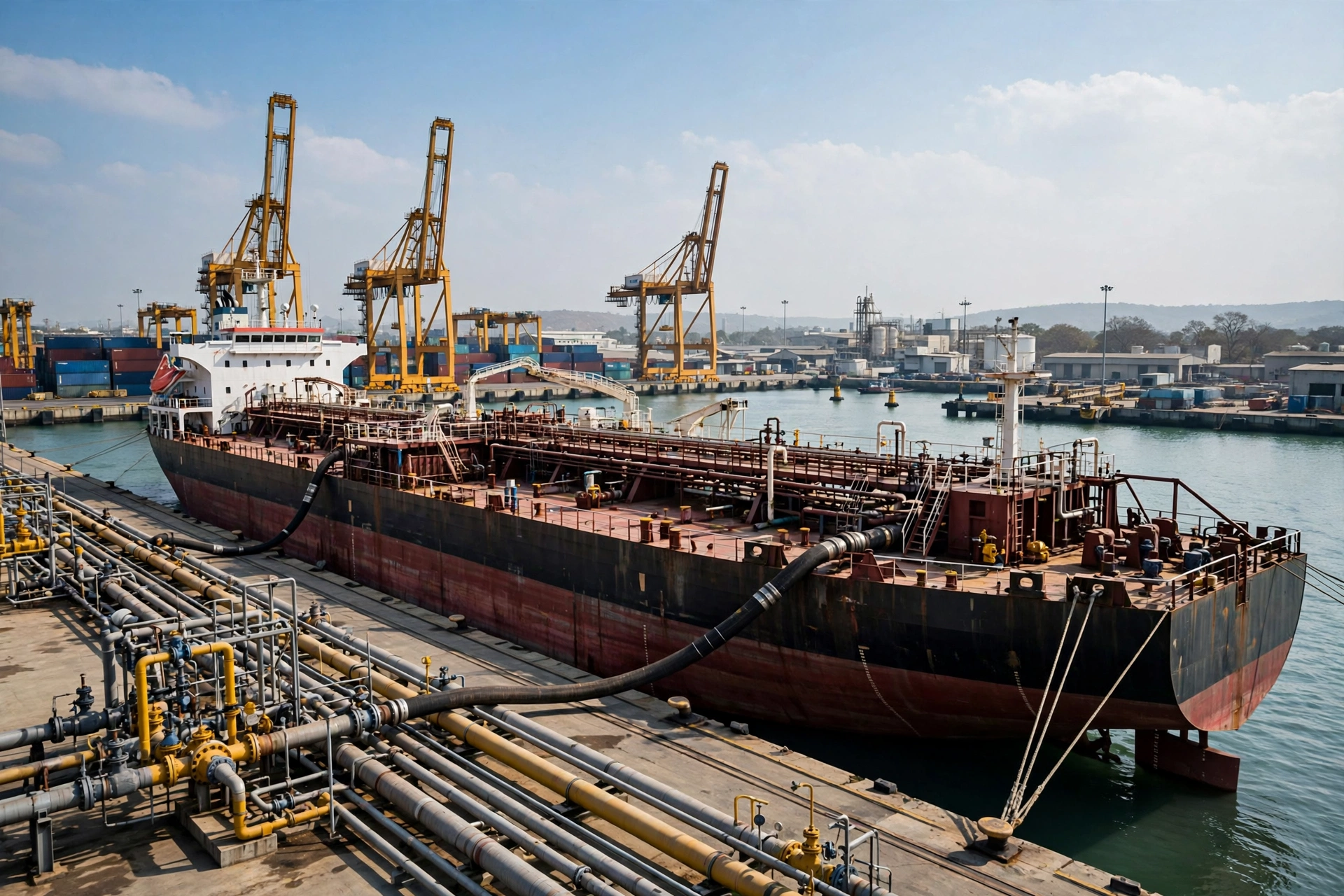 Fuel tanker ship loading oil cargo at a port terminal, representing India's refined petroleum exports