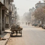 A hazy Indian street in intense summer heat, with people walking with umbrellas in the distance.