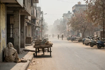 A hazy Indian street in intense summer heat, with people walking with umbrellas in the distance.