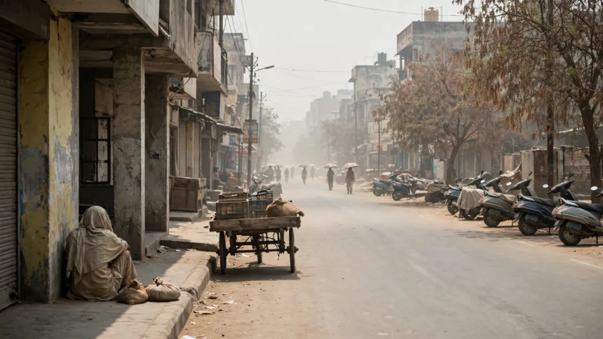 A hazy Indian street in intense summer heat, with people walking with umbrellas in the distance.