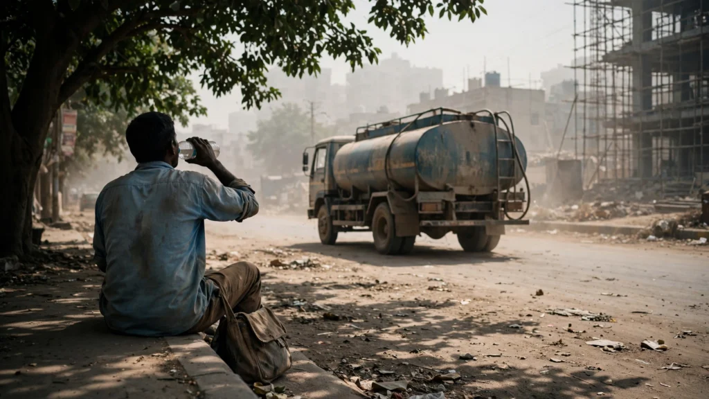 A worker drinking water in the shade beside a water tanker during a heatwave.