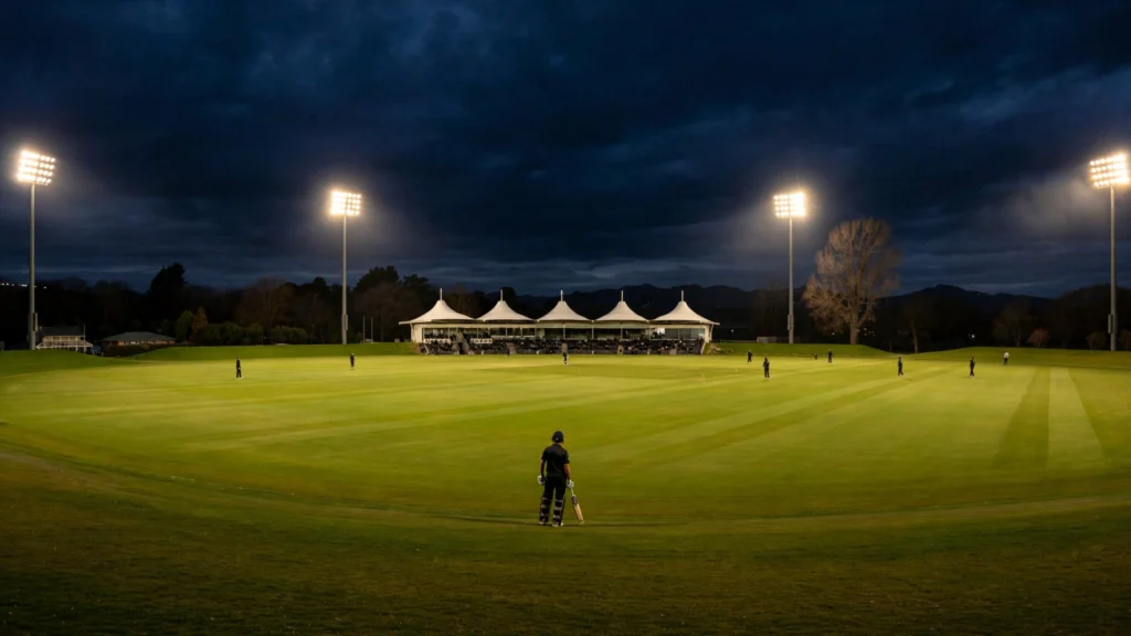 Night-time cricket at Hagley Oval, Christchurch, under floodlights