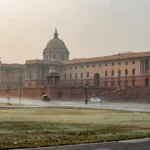 North Block, Raisina Hill, New Delhi, home of the Finance Ministry. AI image grounded in a real photo by Pinakpani, Wikimedia Commons, CC BY-SA 4.0.