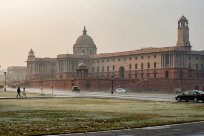 North Block, Raisina Hill, New Delhi, home of the Finance Ministry. AI image grounded in a real photo by Pinakpani, Wikimedia Commons, CC BY-SA 4.0.