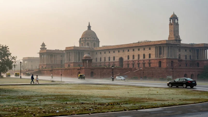 North Block, Raisina Hill, New Delhi, home of the Finance Ministry. AI image grounded in a real photo by Pinakpani, Wikimedia Commons, CC BY-SA 4.0.