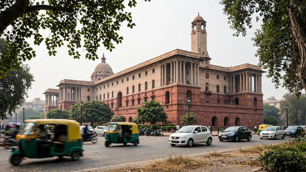 North Block, Raisina Hill, New Delhi, home of the Finance Ministry. AI image grounded in a real photo by Pinakpani, Wikimedia Commons, CC BY-SA 4.0.