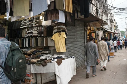 Busy Indian bazaar street with clothing stalls and shoppers, illustrative image grounded in a real Chandni Chowk market photo