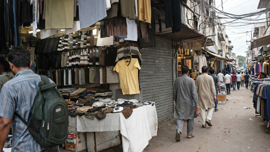 Busy Indian bazaar street with clothing stalls and shoppers, illustrative image grounded in a real Chandni Chowk market photo