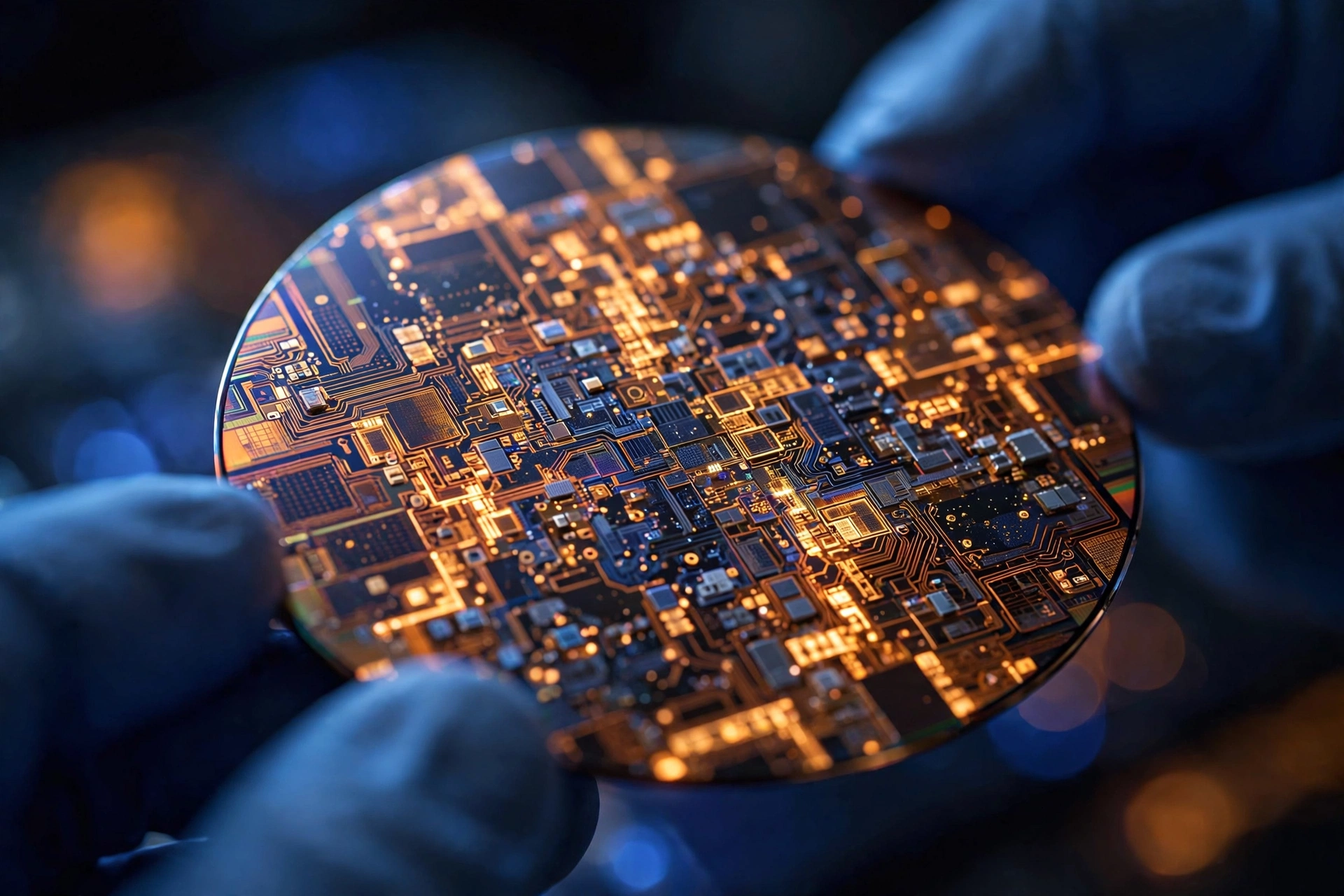 Macro view of a silicon wafer with microchip dies