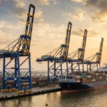 Container ship at a busy Indian container port