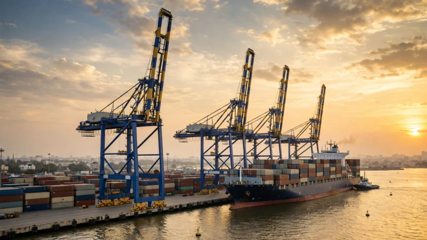 Container ship at a busy Indian container port