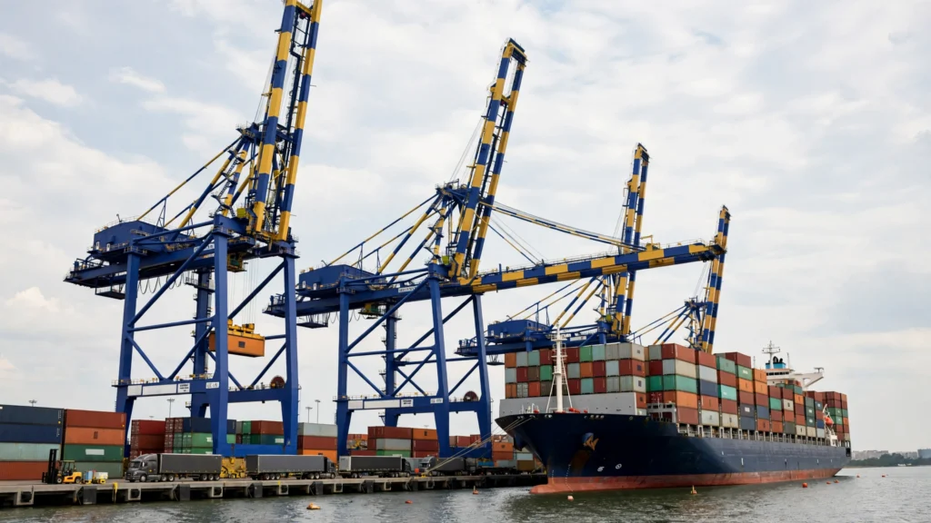 Container ship being loaded at an Indian port
