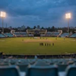 Floodlit cricket stadium at dusk ahead of the India Women vs Zimbabwe 2nd ODI in Vadodara.