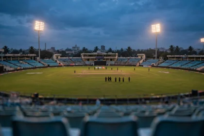 Floodlit cricket stadium at dusk ahead of the India Women vs Zimbabwe 2nd ODI in Vadodara.