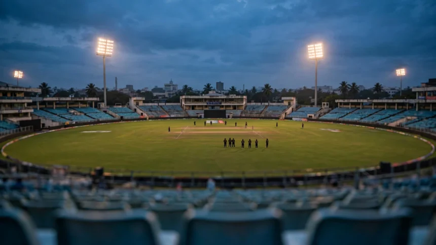Floodlit cricket stadium at dusk ahead of the India Women vs Zimbabwe 2nd ODI in Vadodara.
