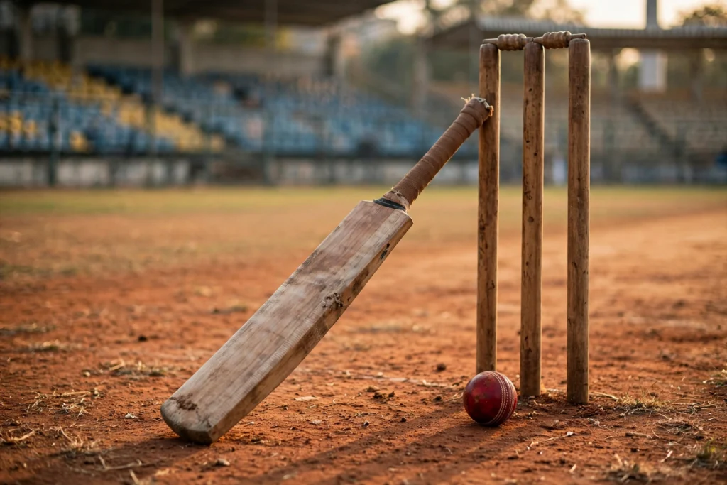 Cricket bat, ball and stumps on a red-soil pitch.