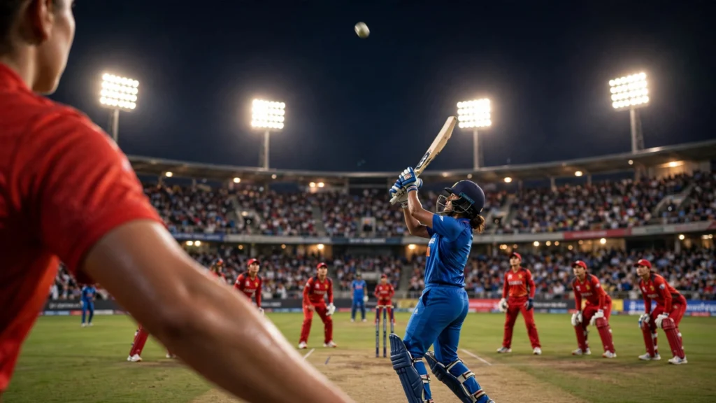 India batter launches a six under lights in the women's T20I against Zimbabwe.