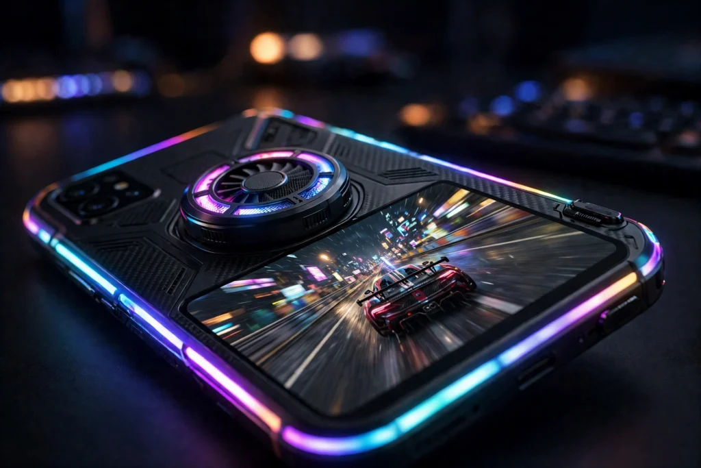 Infinix GT 50 Pro with magnetic cooling fan playing a racing game (AI-generated illustrative image)