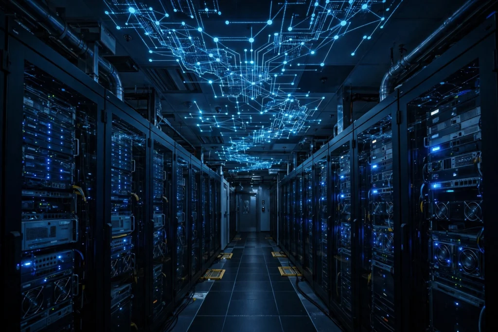 AI-powered data center servers representing the artificial intelligence revenue growth at Infosys