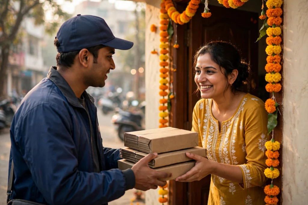 Delivery person handing festive parcels at an Indian home during the Amazon Great Indian Festival 2026
