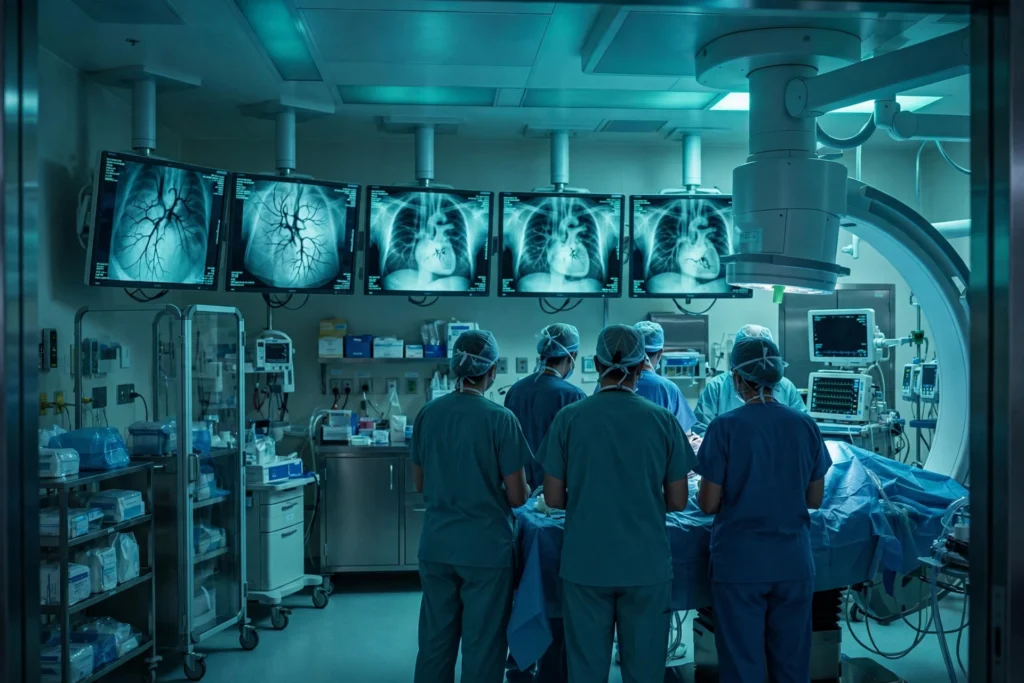 Cardiac catheterization lab team performing a heart procedure