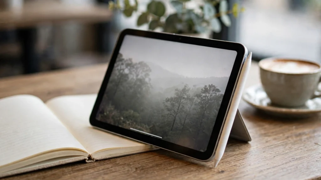 iPad mini tablet on a cafe table beside a notebook and coffee