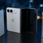 iPhone Duo foldable smartphone in multiple fold angles. Editorial composite based on a CC0 render by Wikideas1 via Wikimedia Commons.