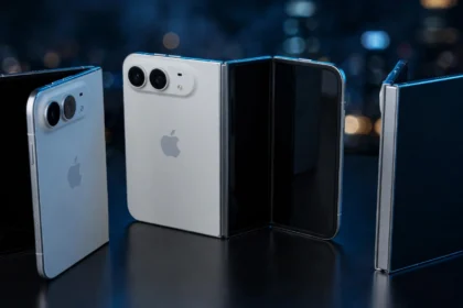 iPhone Duo foldable smartphone in multiple fold angles. Editorial composite based on a CC0 render by Wikideas1 via Wikimedia Commons.