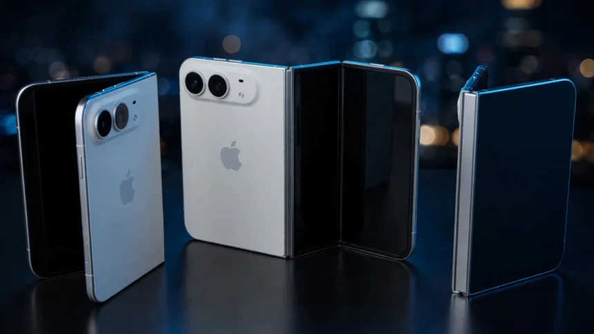 iPhone Duo foldable smartphone in multiple fold angles. Editorial composite based on a CC0 render by Wikideas1 via Wikimedia Commons.