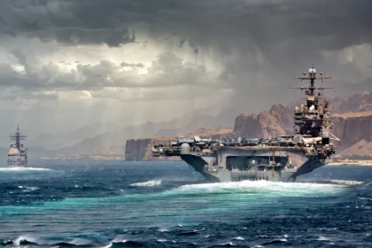 US warships transiting the Strait of Hormuz (Photo: Official U.S. Navy Imagery / Wikimedia Commons, public domain; editorial composite)