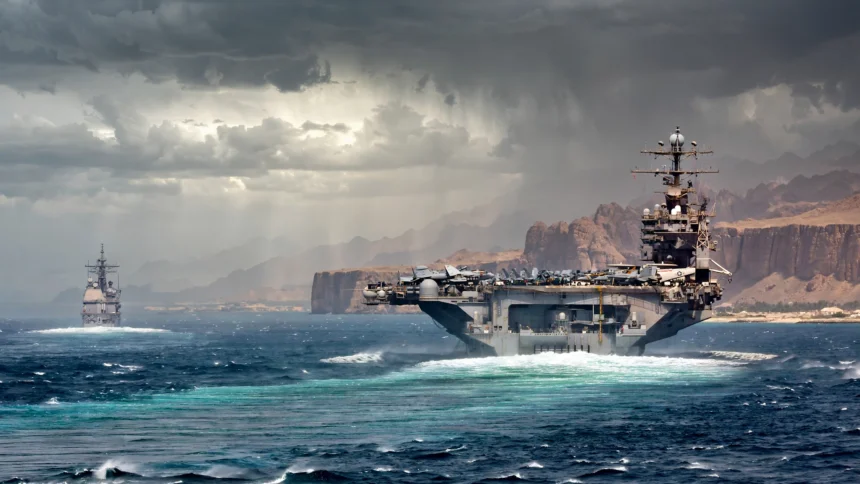 US warships transiting the Strait of Hormuz (Photo: Official U.S. Navy Imagery / Wikimedia Commons, public domain; editorial composite)