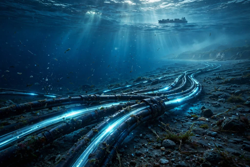 Illustration of subsea fiber-optic internet cables on the ocean floor beneath the Strait of Hormuz (AI-generated editorial graphic)