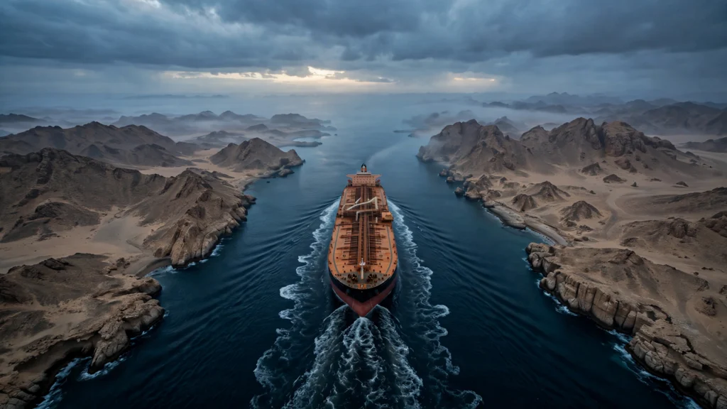 An oil tanker sailing through the Strait of Hormuz at dawn.