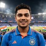 Ishan Kishan. Photo: Tata IPL 2022 / Hamza Ali Shah, Wikimedia Commons (background composite)