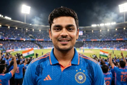Ishan Kishan. Photo: Tata IPL 2022 / Hamza Ali Shah, Wikimedia Commons (background composite)
