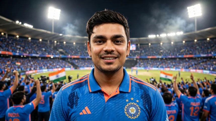 Ishan Kishan. Photo: Tata IPL 2022 / Hamza Ali Shah, Wikimedia Commons (background composite)
